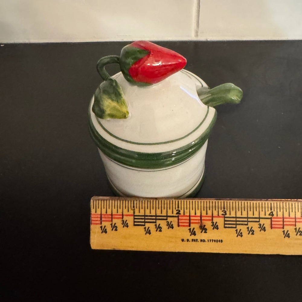 Costa Jam Jar Cream Green Italian Ceramic Strawberry Lid Spoon Fatto a Mano - Picture 6 of 7
